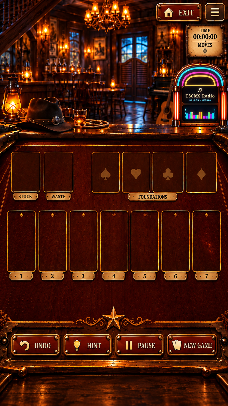 Locked approved warm Old West Solitaire saloon with TSCMS Radio neon color equalizer jukebox, empty board, and four wooden control buttons