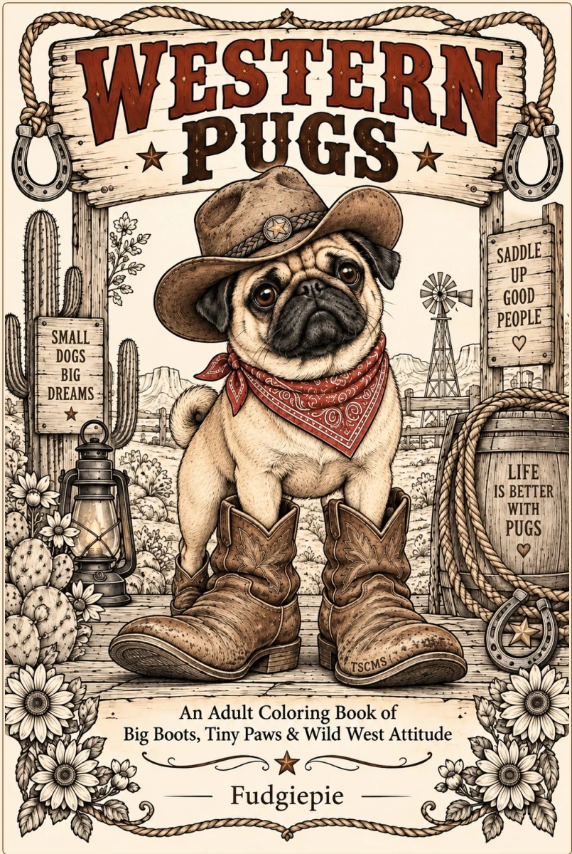 Actual Western Pugs coloring book cover with a small TSCMS tribute on the cowboy boot